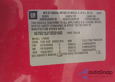 2007 GMC Sierra 1500 Sle1 from USA, damaged, VIN 3GTEC13J17G531902